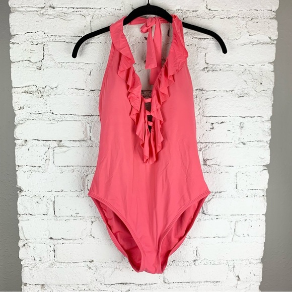 Bleu Rod Beattie Plunge Deep V Ruffle Halter Strappy One Piece Swimsuit 10 - Picture 3 of 12
